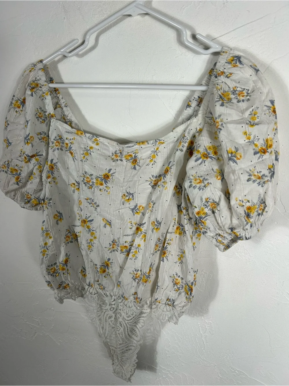 Intimately Free People Angela Floral Puff Sleeve Lace Bodysuit White Combo